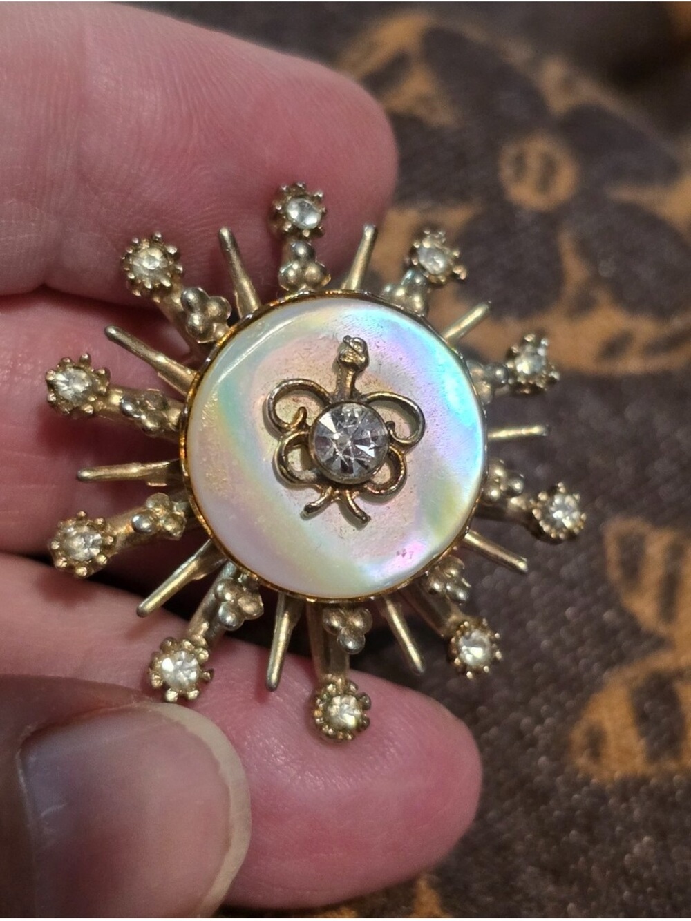 Gold-Tone Sunburst Brooch with Iridescent Mother-of-Pearl and Clear Crystal - Picture 6 of 6
